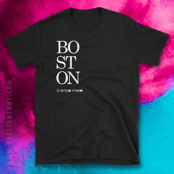 Boston City Coordinates Tshirt design with pink and blue cloudy background