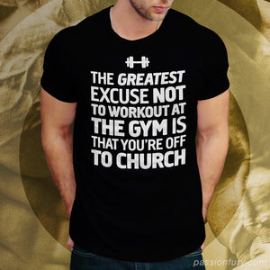 Model wearing Gym and church Christian workout Tshirt with gold background