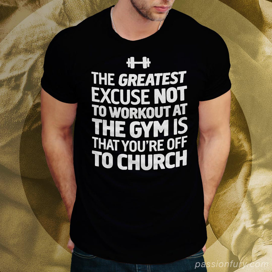 Model wearing Gym and church Christian workout Tshirt with gold background