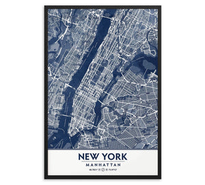 Classic Blue Textured Manhattan NYC Map