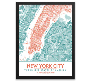 Teal & Coral New York City Map - Printable