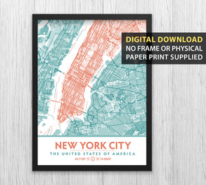 Teal & Coral New York City Map - Printable