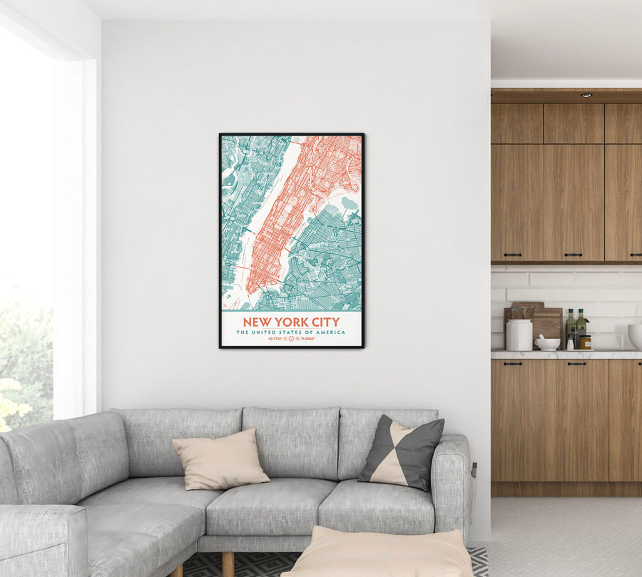 Teal & Coral New York City Map - Printable