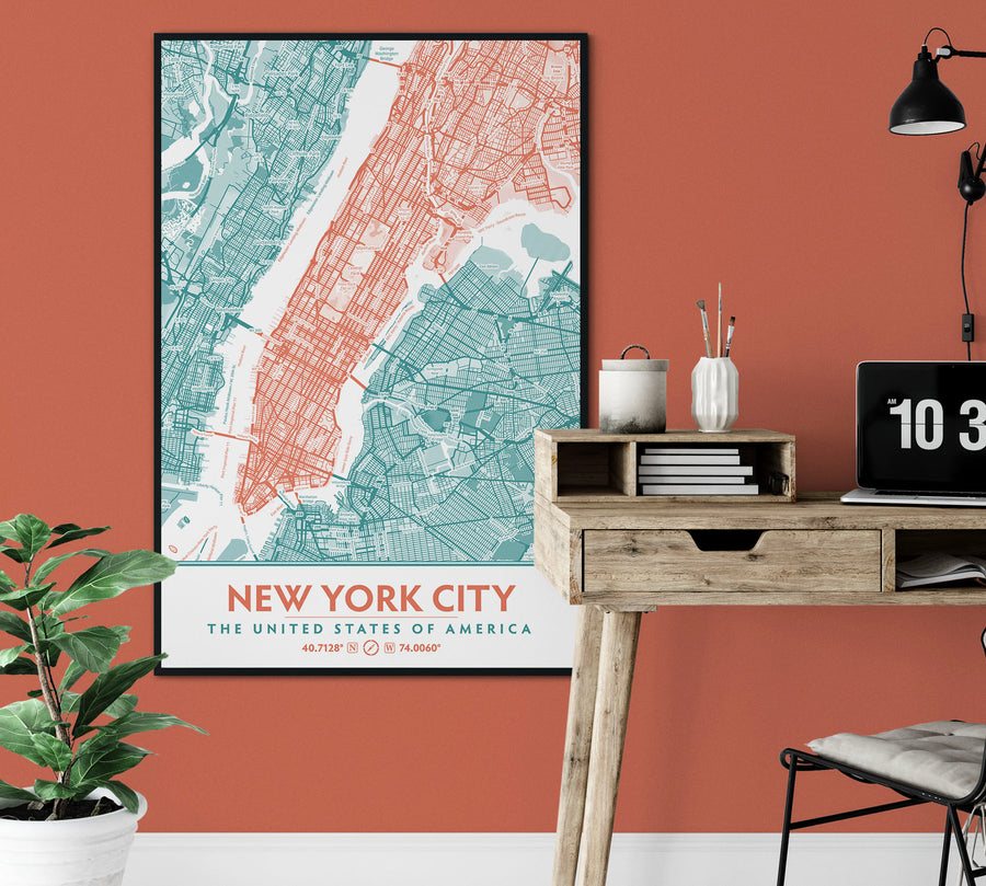 Teal & Coral New York City Map - Printable