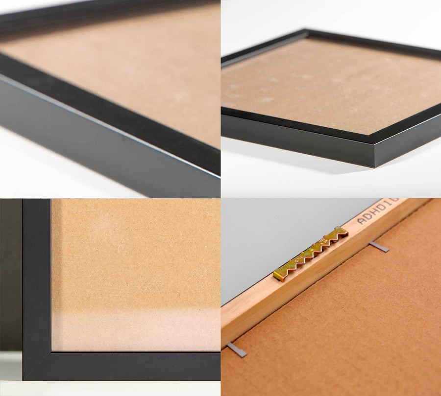 Black framed artwork wood detail and brass hangings