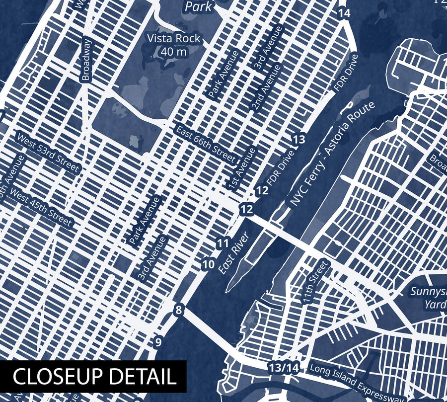 Classic Blue Textured Manhattan NYC Map