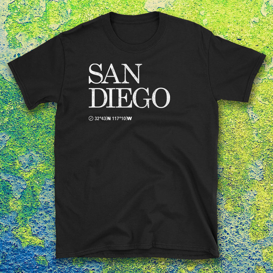 San Diego City USA Tshirt shows the Map Coordinates underneath with textured background