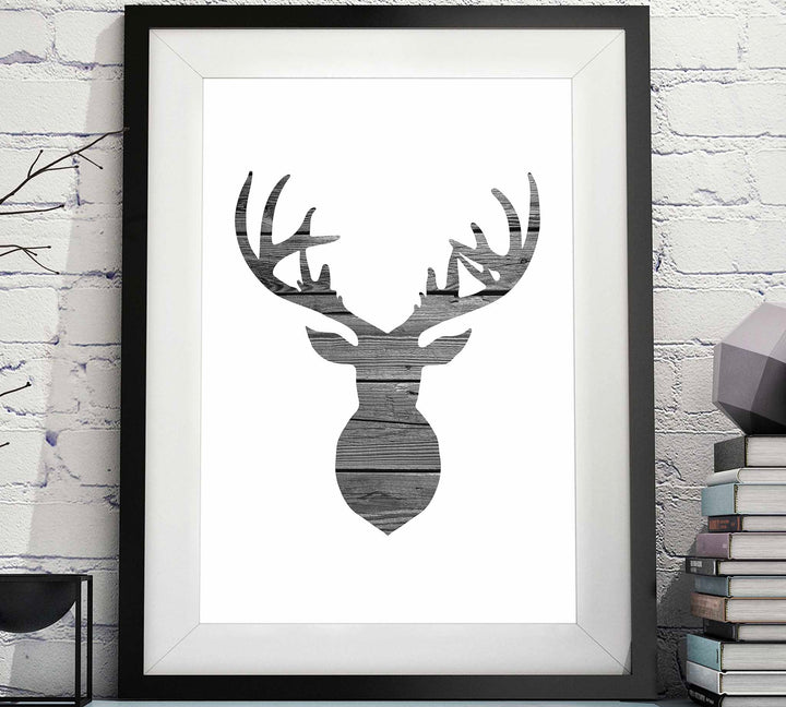 Deer Head Outline Rustic Wood Black and White Printable
