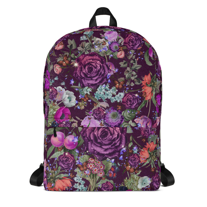 Pretty Dark Purple Roses Pattern Gift for Teen Girls & Women, Aesthetic Medium Size Backpack Pattern, 15” Laptop Pocket, Kids Men or Woman