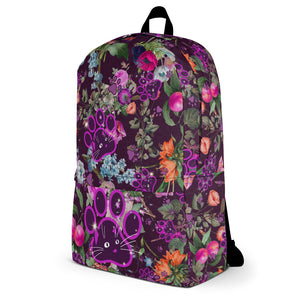 Violet Lilac Botanical Floral Wildflowers Purple Cat Paw Art, Aesthetic Medium Size Backpack Pattern, 15” Laptop Pocket, Kids Men or Woman