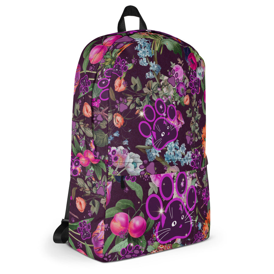 Violet Lilac Botanical Floral Wildflowers Purple Cat Paw Art, Aesthetic Medium Size Backpack Pattern, 15” Laptop Pocket, Kids Men or Woman