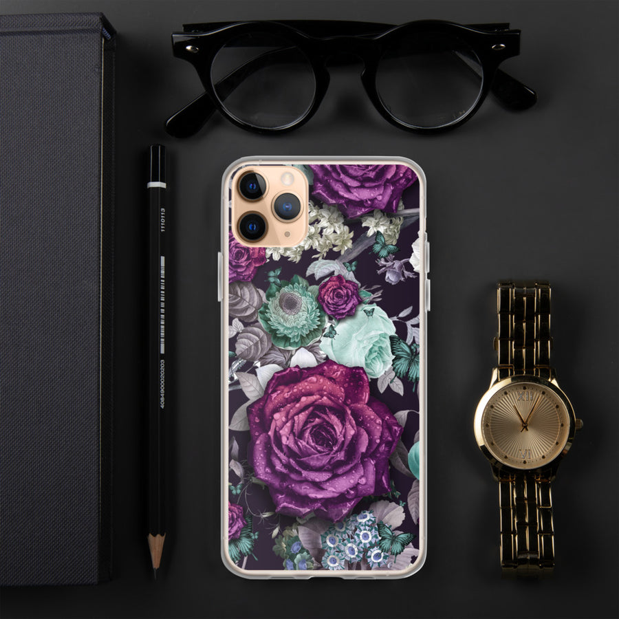 Aesthetic Dark Purple Roses Flower Pattern Butterfly Floral Quality iPhone Case Valentines Gift
