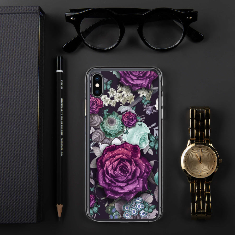Aesthetic Dark Purple Roses Flower Pattern Butterfly Floral Quality iPhone Case Valentines Gift