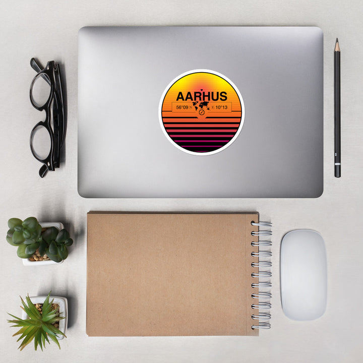 Aarhus, Central Denmark Reg 80s Retrowave Synthwave Sunset Vinyl Sticker 4.5"