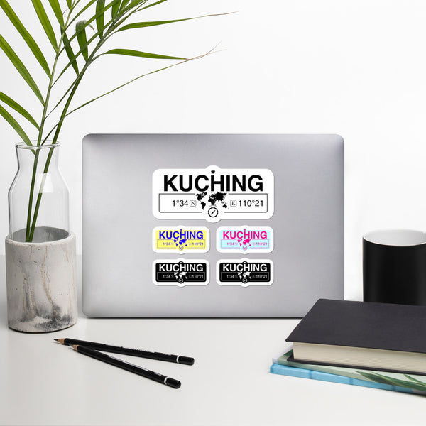 Kuching, Maldives Stickers, Map Coordinates, Set of 5 Vinyl Sticker Sheet 5.5x5.5 Inch