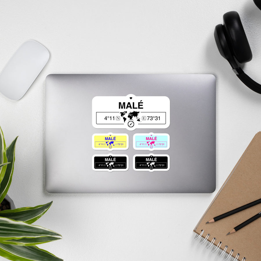 Malé, Maldives Stickers, Map Coordinates, Set of 5 Vinyl Sticker Sheet 5.5x5.5 Inch