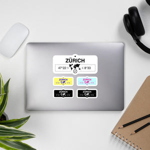 Zürich Stickers, Map Coordinates, Set of 5 Vinyl Sticker Sheet 5.5x5.5 Inch