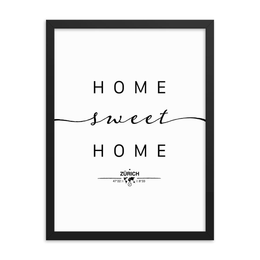 Zürich, Switzerland Home Sweet Home With Map Coordinates Framed Artwork
