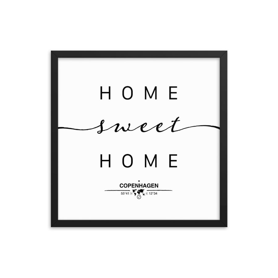 Copenhagen, Capital Region Of Denmark, Denmark Home Sweet Home With Map Coordinates Framed Artwork