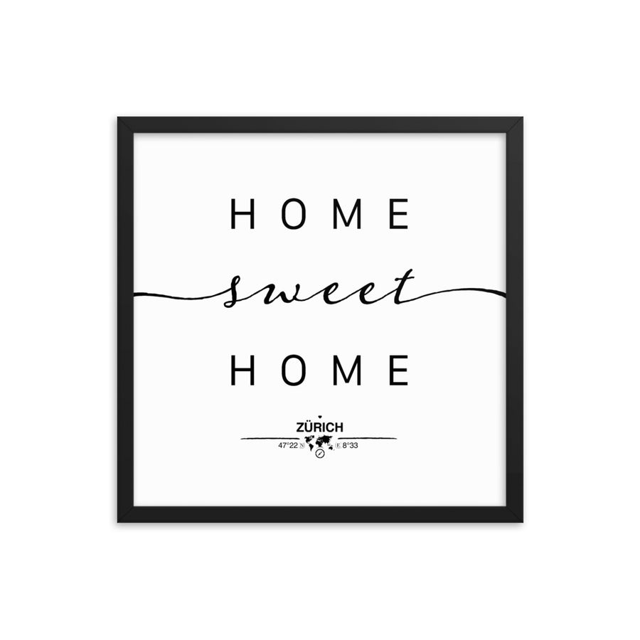 Zürich, Switzerland Home Sweet Home With Map Coordinates Framed Artwork