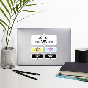 Zürich Stickers, Map Coordinates, Set of 5 Vinyl Sticker Sheet 5.5x5.5 Inch
