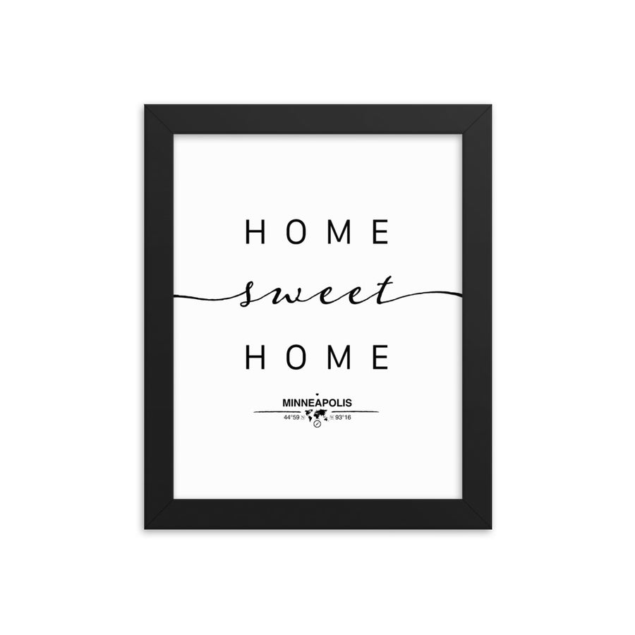 Minneapolis, Minnesota, USA Home Sweet Home With Map Coordinates Framed Artwork