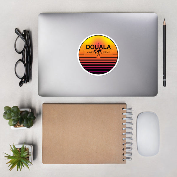 Douala, Cameroon 80s Retrowave Synthwave Sunset Vinyl Sticker 4.5"