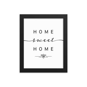 Zürich, Switzerland Home Sweet Home With Map Coordinates Framed Artwork