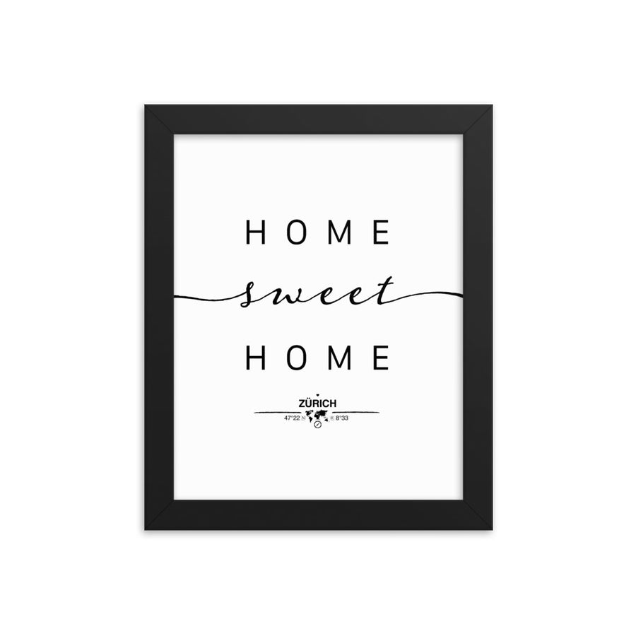 Zürich, Switzerland Home Sweet Home With Map Coordinates Framed Artwork