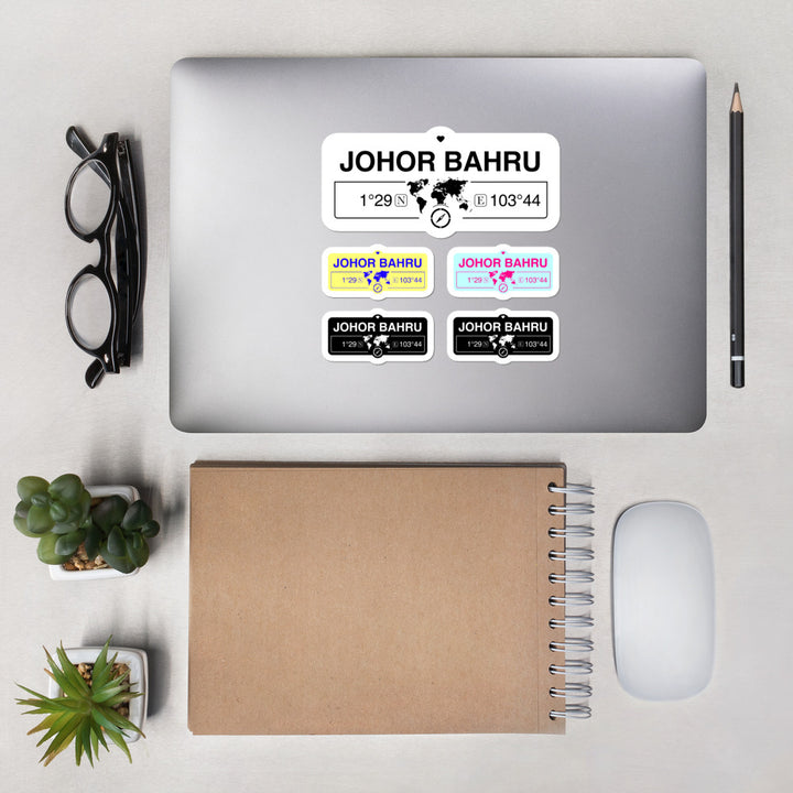 Johor Bahru, Maldives Stickers, Map Coordinates, Set of 5 Vinyl Sticker Sheet 5.5x5.5 Inch