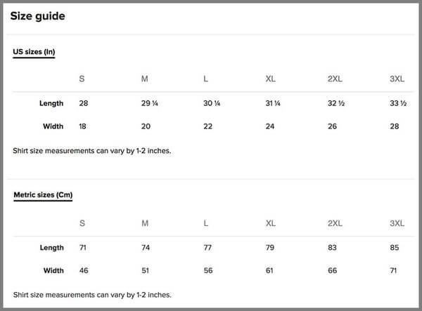Tshirt Sizing Guide